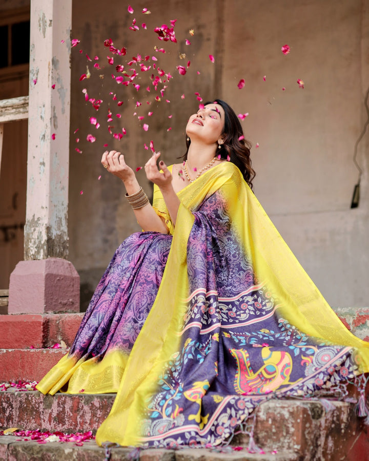 Purple & Lemon Yellow Tussar Silk Saree with Ornamental Floral Print, Peacock Pallu, Zari Border & Tassels