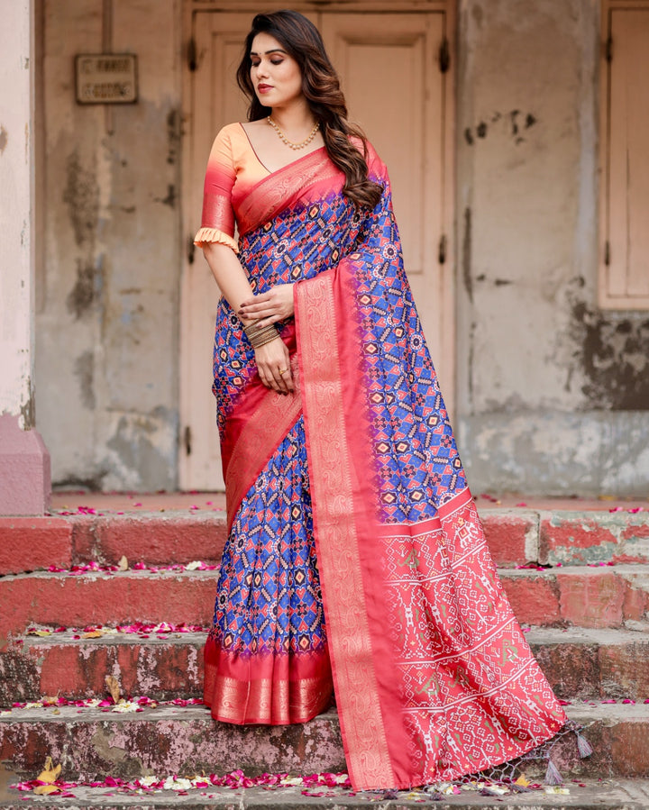Royal Blue & Coral Pink Tussar Silk Saree with Patola-Inspired Geometric Print, Zari Border & Tassels