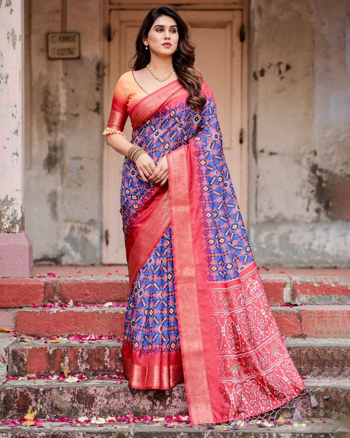 Royal Blue & Coral Pink Tussar Silk Saree with Patola-Inspired Geometric Print, Zari Border & Tassels