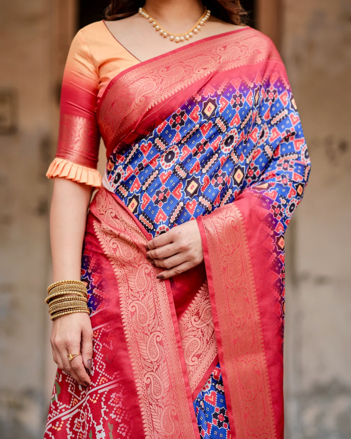 Royal Blue & Coral Pink Tussar Silk Saree with Patola-Inspired Geometric Print, Zari Border & Tassels