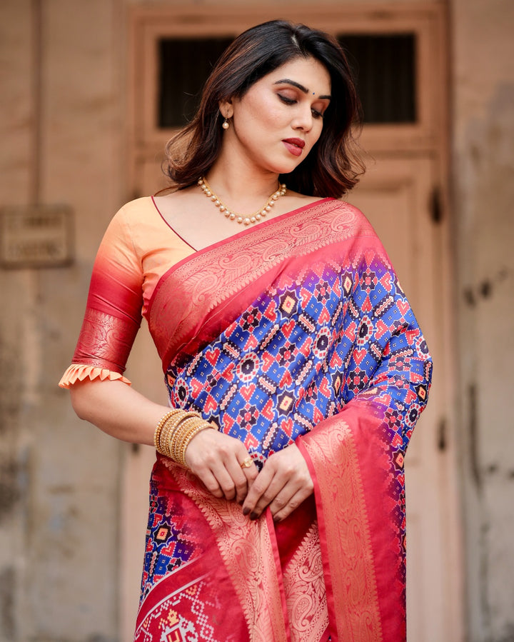 Royal Blue & Coral Pink Tussar Silk Saree with Patola-Inspired Geometric Print, Zari Border & Tassels