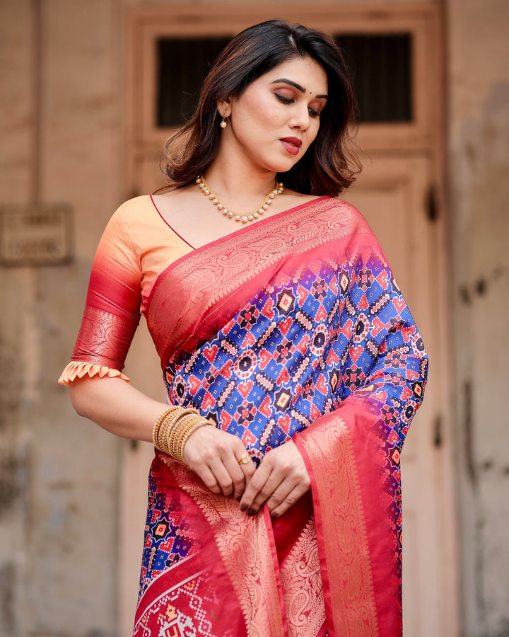 Royal Blue & Coral Pink Tussar Silk Saree with Patola-Inspired Geometric Print, Zari Border & Tassels