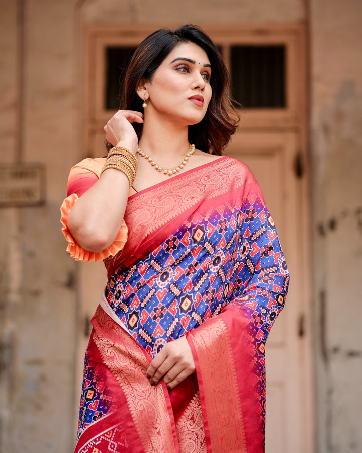Royal Blue & Coral Pink Tussar Silk Saree with Patola-Inspired Geometric Print, Zari Border & Tassels