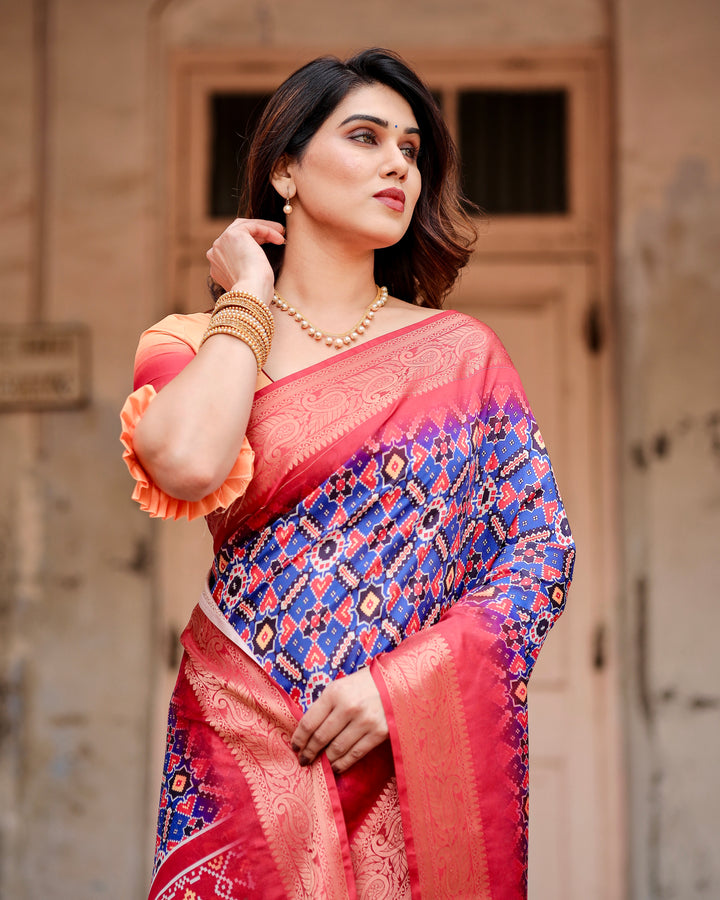 Royal Blue & Coral Pink Tussar Silk Saree with Patola-Inspired Geometric Print, Zari Border & Tassels