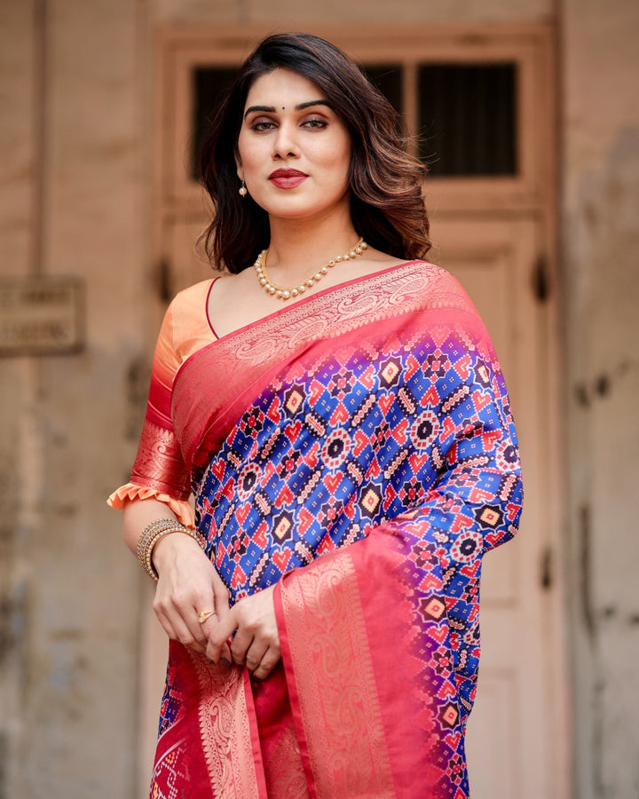 Royal Blue & Coral Pink Tussar Silk Saree with Patola-Inspired Geometric Print, Zari Border & Tassels