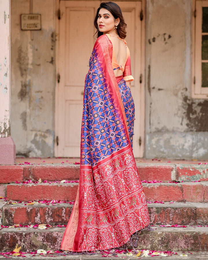 Royal Blue & Coral Pink Tussar Silk Saree with Patola-Inspired Geometric Print, Zari Border & Tassels