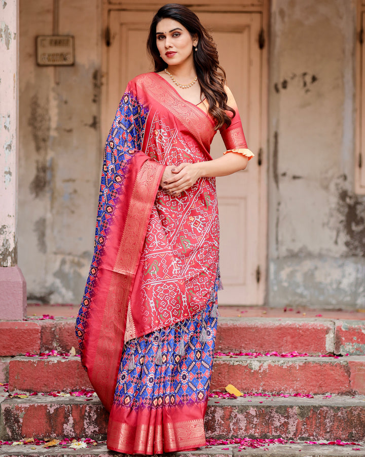 Royal Blue & Coral Pink Tussar Silk Saree with Patola-Inspired Geometric Print, Zari Border & Tassels