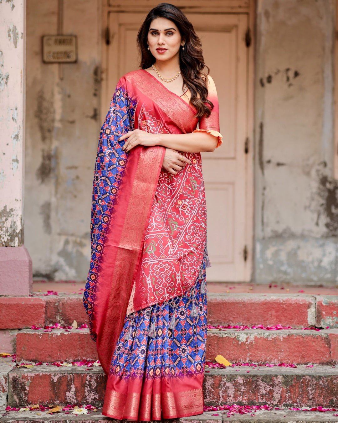 Royal Blue & Coral Pink Tussar Silk Saree with Patola-Inspired Geometric Print, Zari Border & Tassels