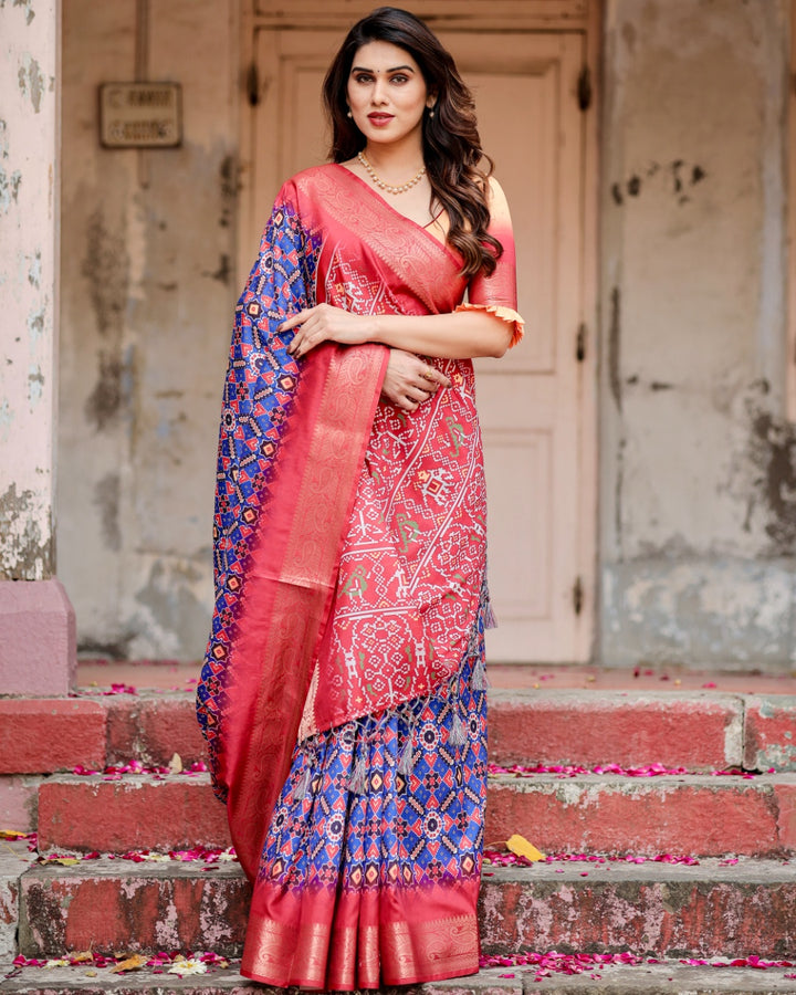 Royal Blue & Coral Pink Tussar Silk Saree with Patola-Inspired Geometric Print, Zari Border & Tassels