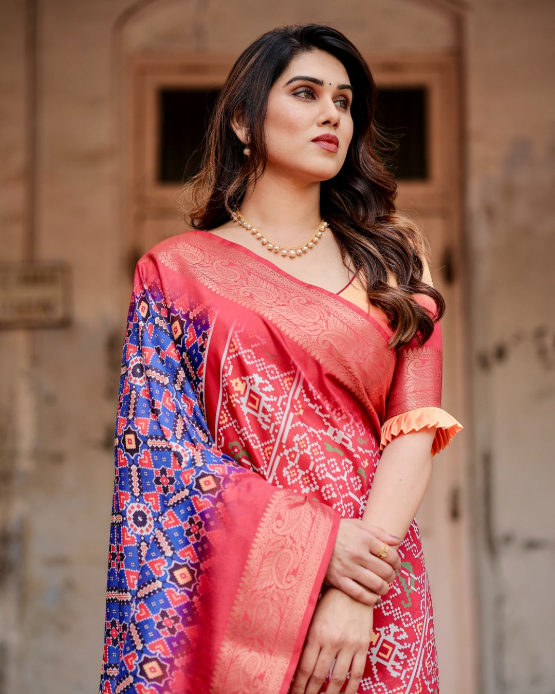 Royal Blue & Coral Pink Tussar Silk Saree with Patola-Inspired Geometric Print, Zari Border & Tassels