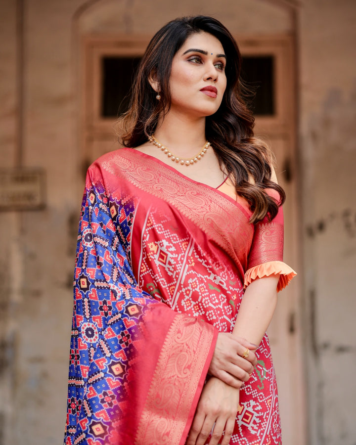 Royal Blue & Coral Pink Tussar Silk Saree with Patola-Inspired Geometric Print, Zari Border & Tassels