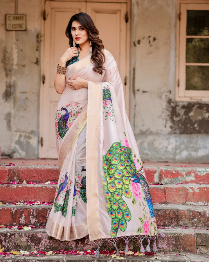 Blush Pink Tussar Silk Saree with Peacock & Rose Print, Zari Border, Statement Pallu & Tassels