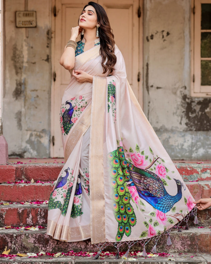 Blush Pink Tussar Silk Saree with Peacock & Rose Print, Zari Border, Statement Pallu & Tassels