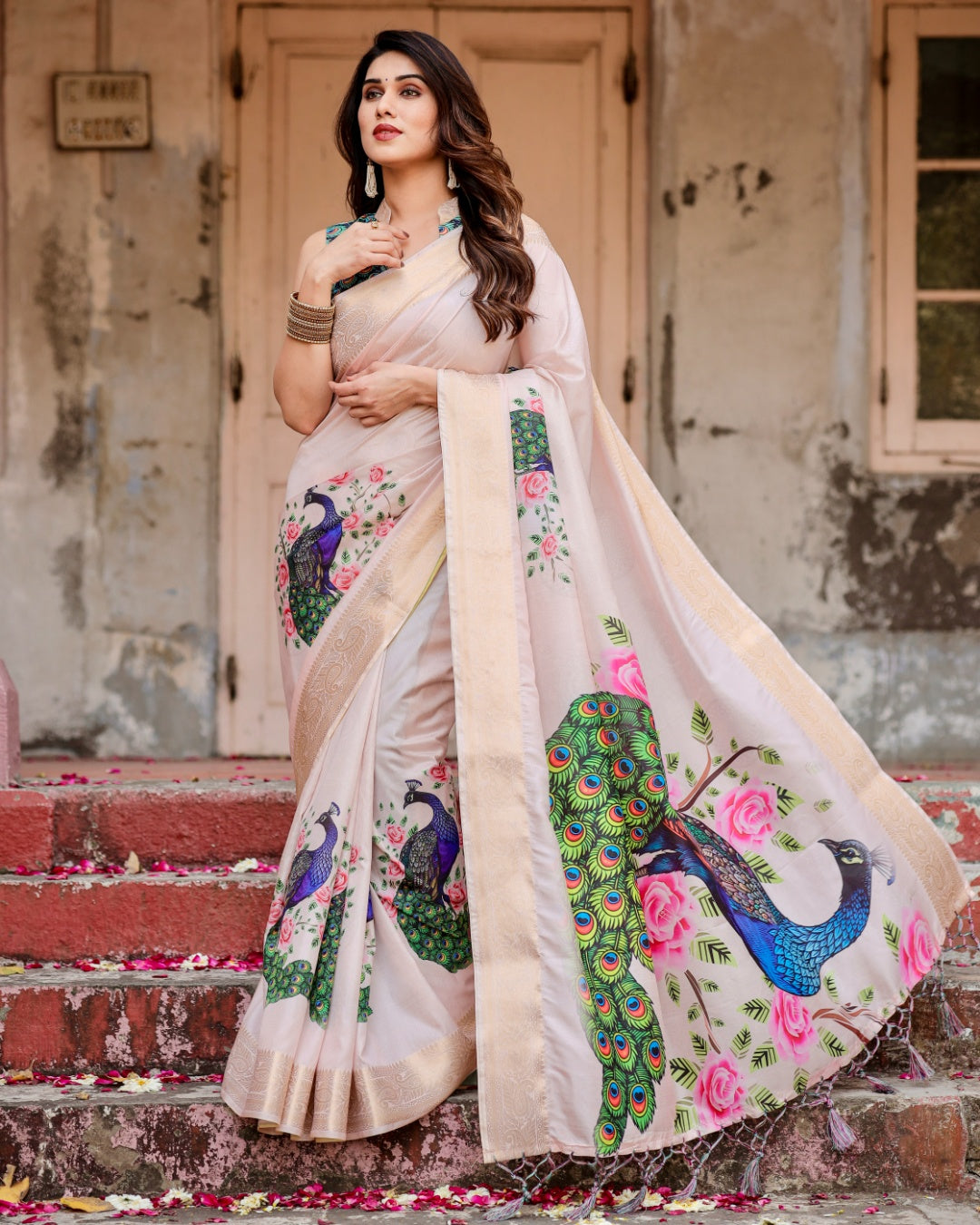 Blush Pink Tussar Silk Saree with Peacock & Rose Print, Zari Border, Statement Pallu & Tassels