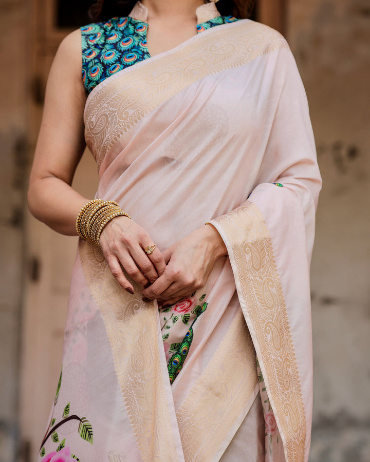 Blush Pink Tussar Silk Saree with Peacock & Rose Print, Zari Border, Statement Pallu & Tassels