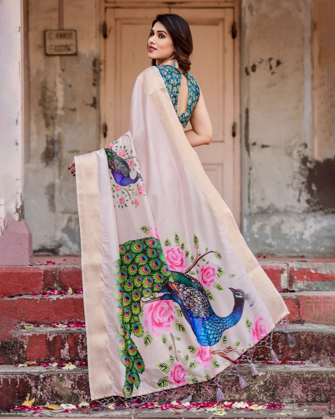 Blush Pink Tussar Silk Saree with Peacock & Rose Print, Zari Border, Statement Pallu & Tassels