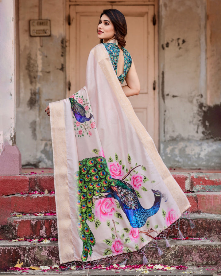 Blush Pink Tussar Silk Saree with Peacock & Rose Print, Zari Border, Statement Pallu & Tassels