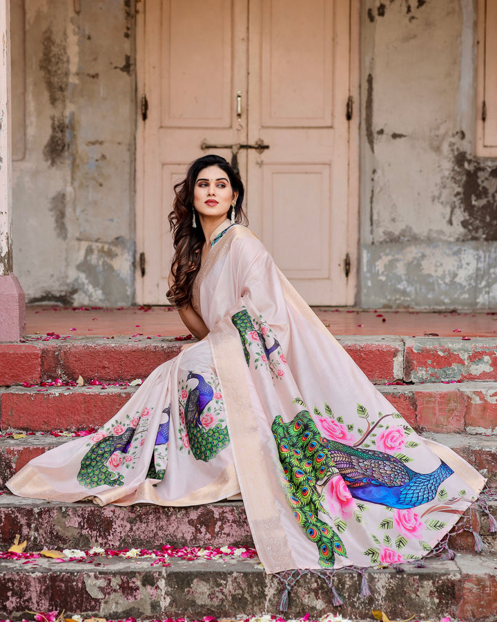 Blush Pink Tussar Silk Saree with Peacock & Rose Print, Zari Border, Statement Pallu & Tassels