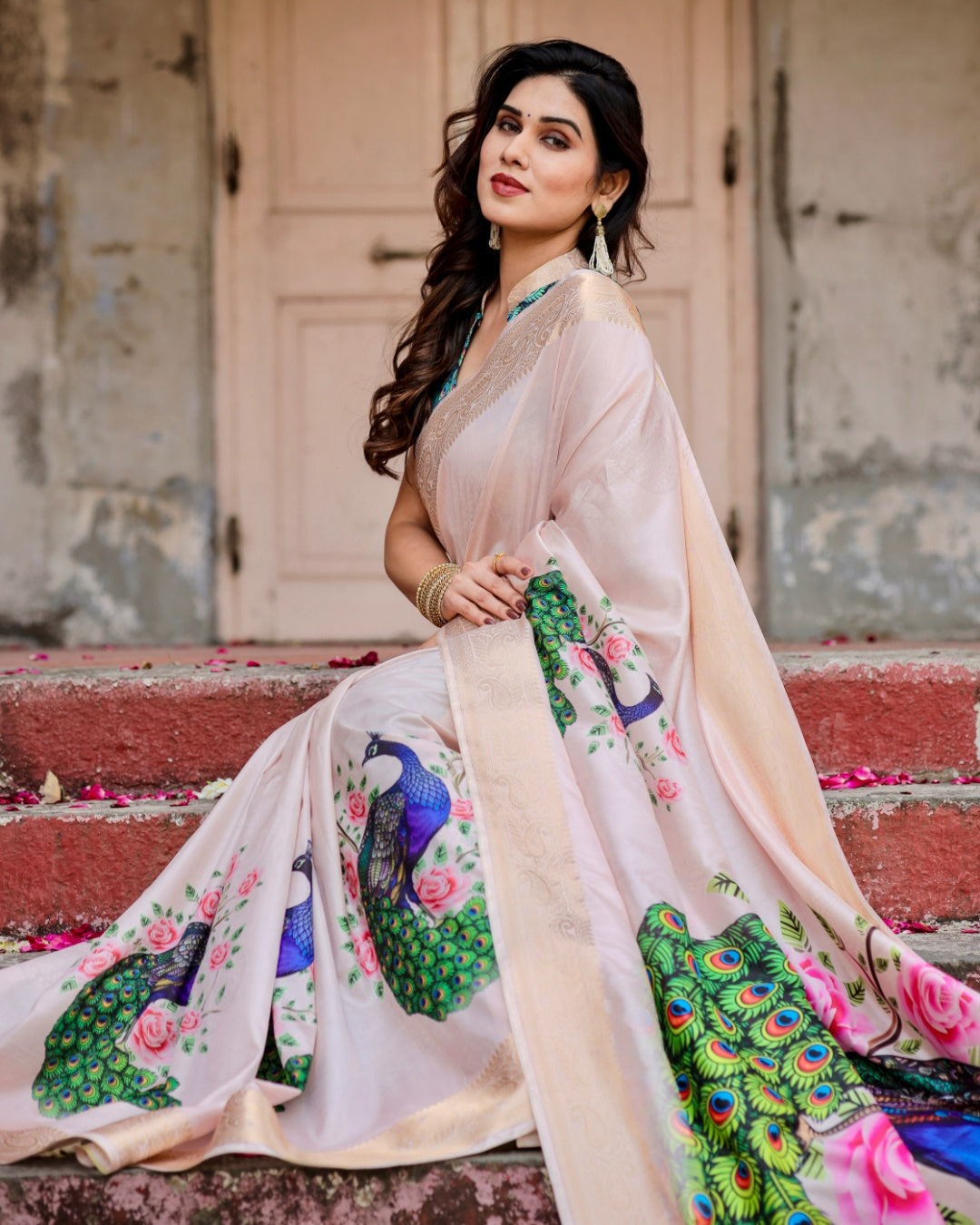 Blush Pink Tussar Silk Saree with Peacock & Rose Print, Zari Border, Statement Pallu & Tassels