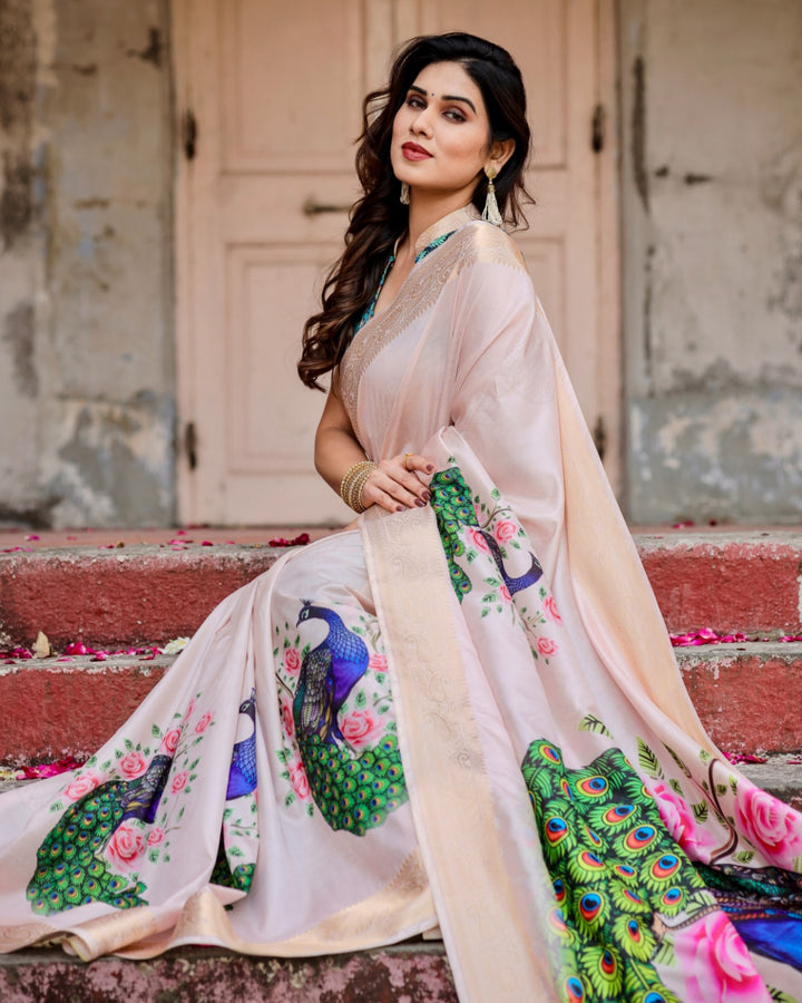 Blush Pink Tussar Silk Saree with Peacock & Rose Print, Zari Border, Statement Pallu & Tassels