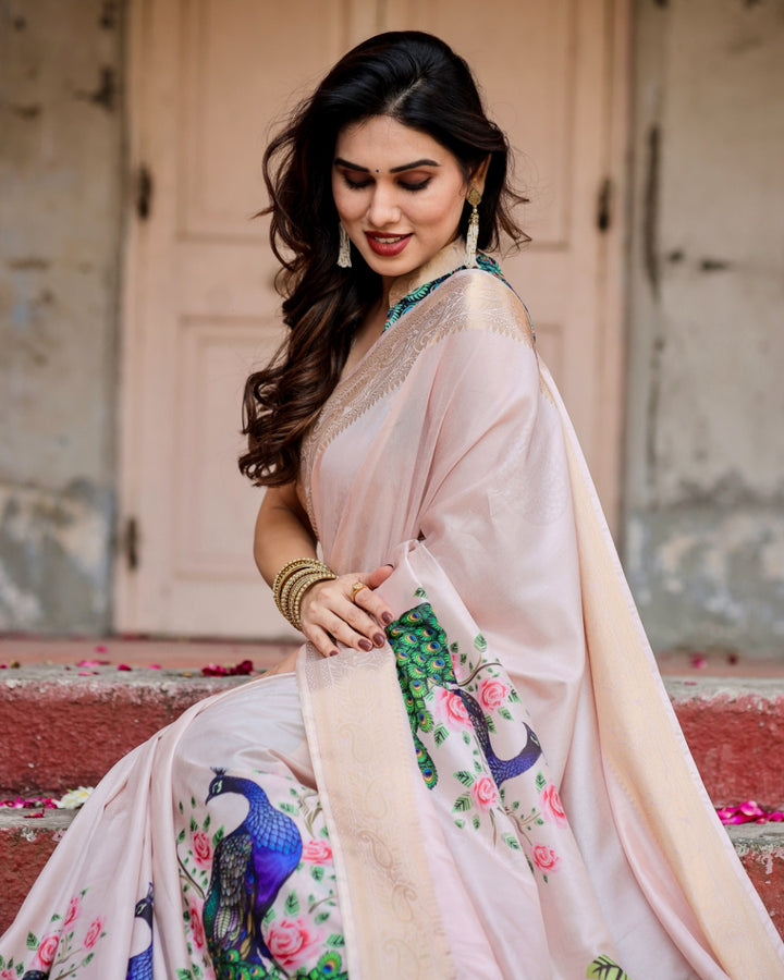 Blush Pink Tussar Silk Saree with Peacock & Rose Print, Zari Border, Statement Pallu & Tassels