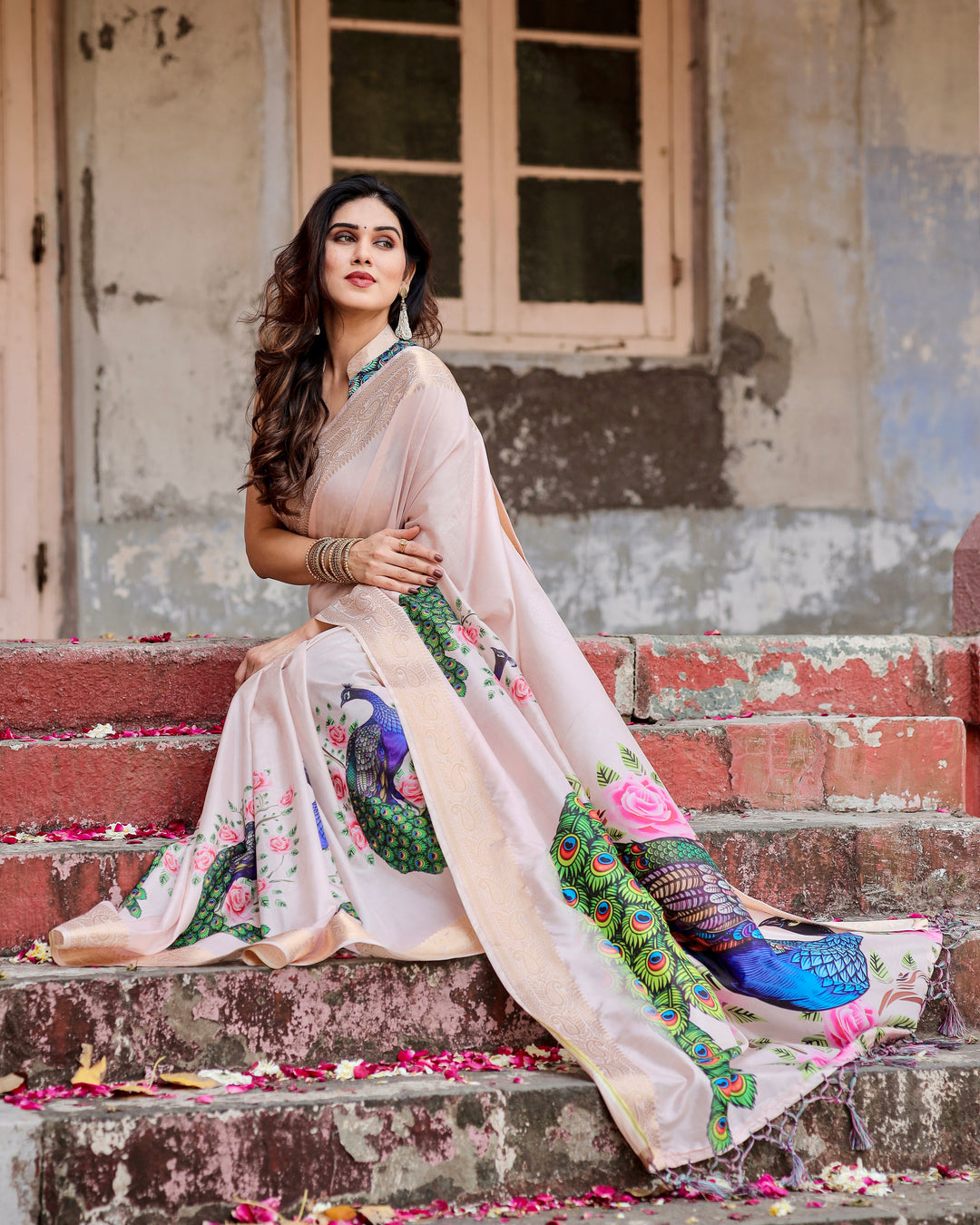 Blush Pink Tussar Silk Saree with Peacock & Rose Print, Zari Border, Statement Pallu & Tassels