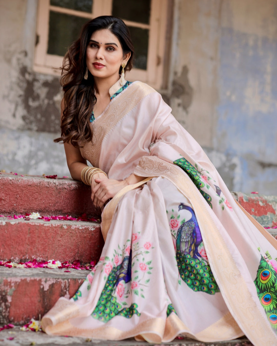 Blush Pink Tussar Silk Saree with Peacock & Rose Print, Zari Border, Statement Pallu & Tassels