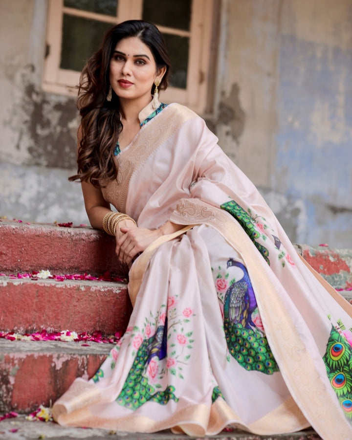 Blush Pink Tussar Silk Saree with Peacock & Rose Print, Zari Border, Statement Pallu & Tassels