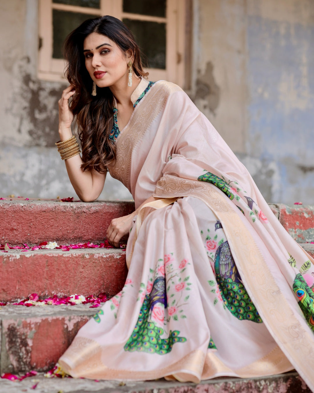 Blush Pink Tussar Silk Saree with Peacock & Rose Print, Zari Border, Statement Pallu & Tassels
