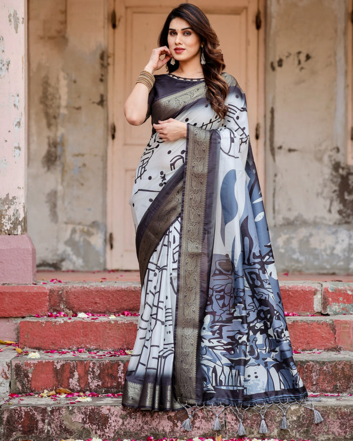 Ivory & Charcoal Black Tussar Silk Saree with Abstract Artistic Print, Zari Border & Tassels