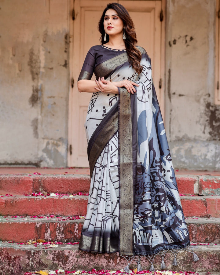 Ivory & Charcoal Black Tussar Silk Saree with Abstract Artistic Print, Zari Border & Tassels