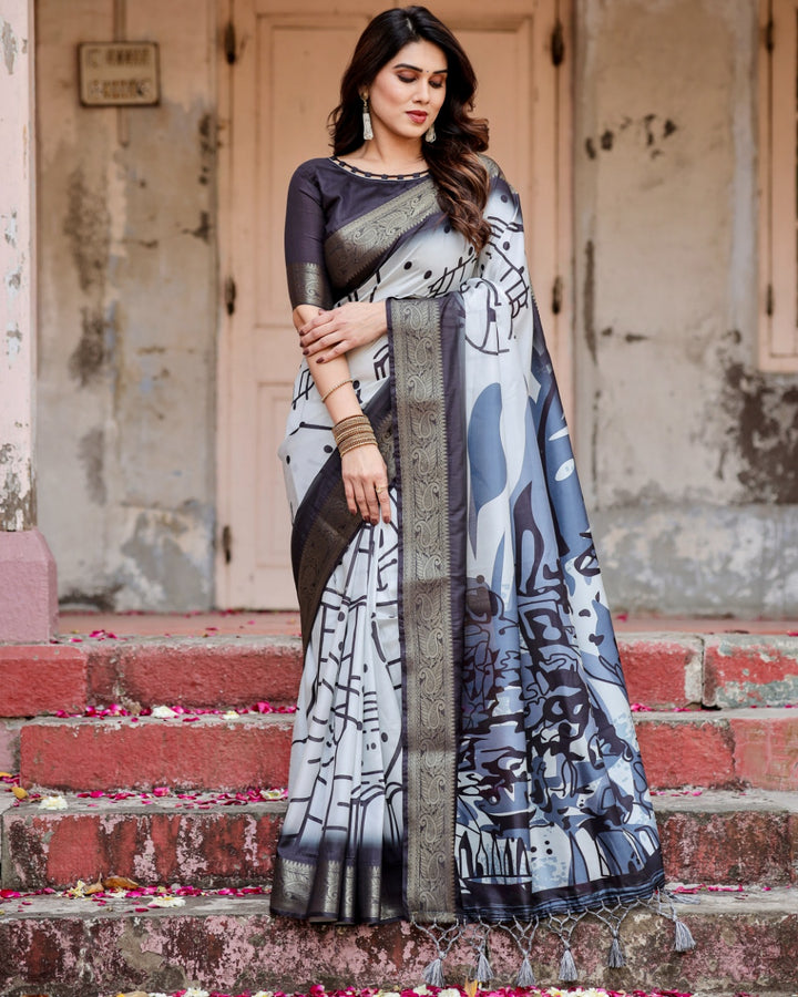 Ivory & Charcoal Black Tussar Silk Saree with Abstract Artistic Print, Zari Border & Tassels