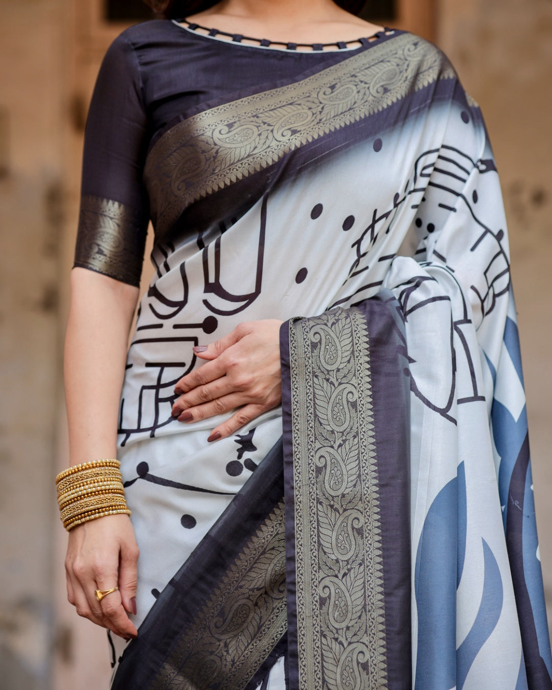 Ivory & Charcoal Black Tussar Silk Saree with Abstract Artistic Print, Zari Border & Tassels