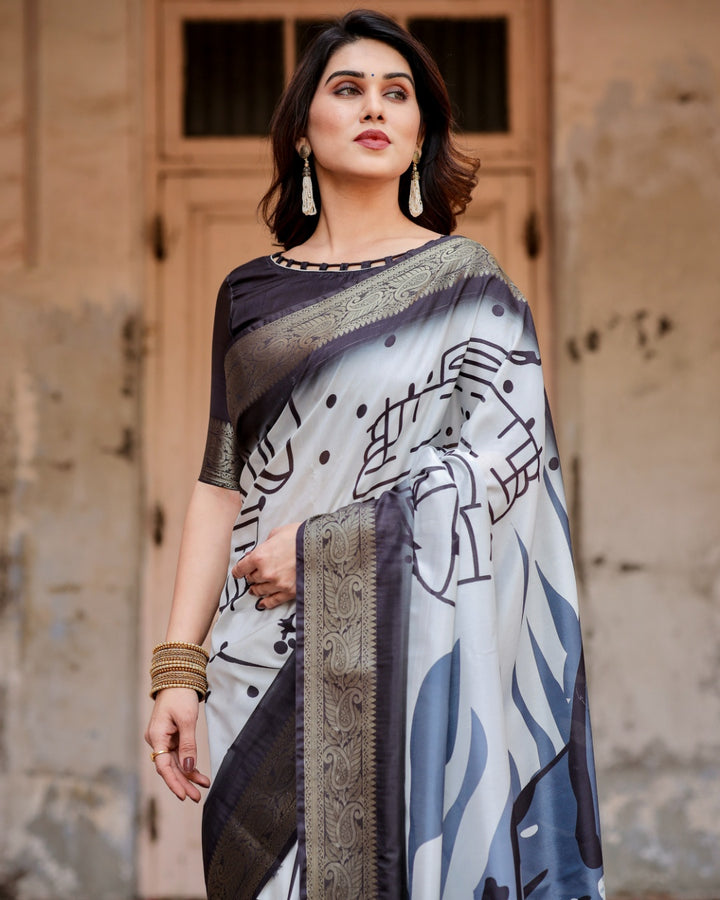 Ivory & Charcoal Black Tussar Silk Saree with Abstract Artistic Print, Zari Border & Tassels