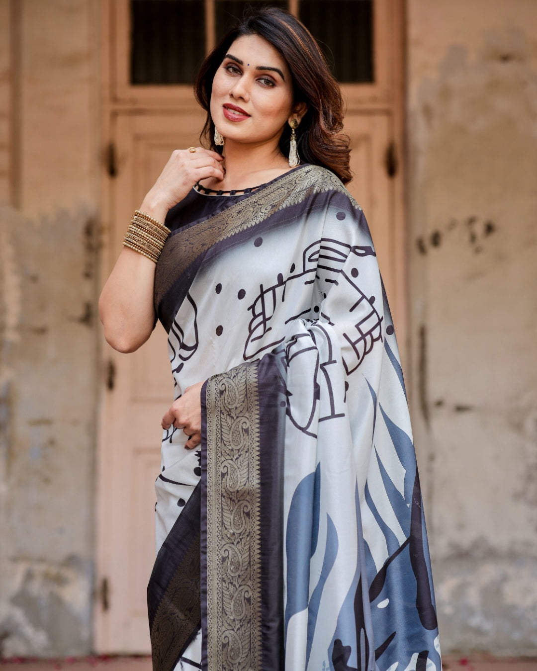 Ivory & Charcoal Black Tussar Silk Saree with Abstract Artistic Print, Zari Border & Tassels