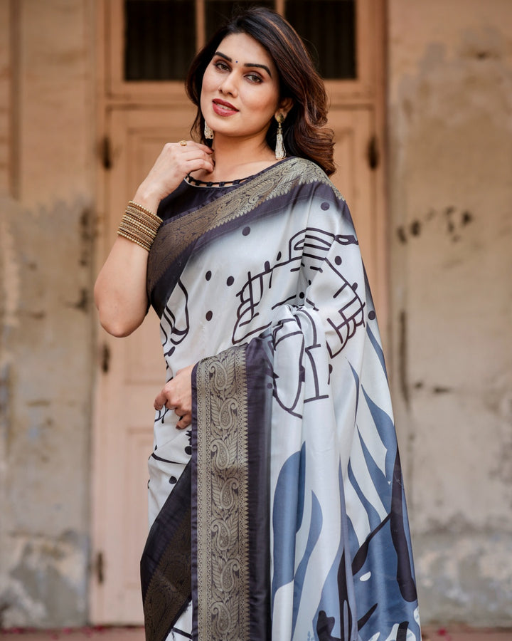 Ivory & Charcoal Black Tussar Silk Saree with Abstract Artistic Print, Zari Border & Tassels