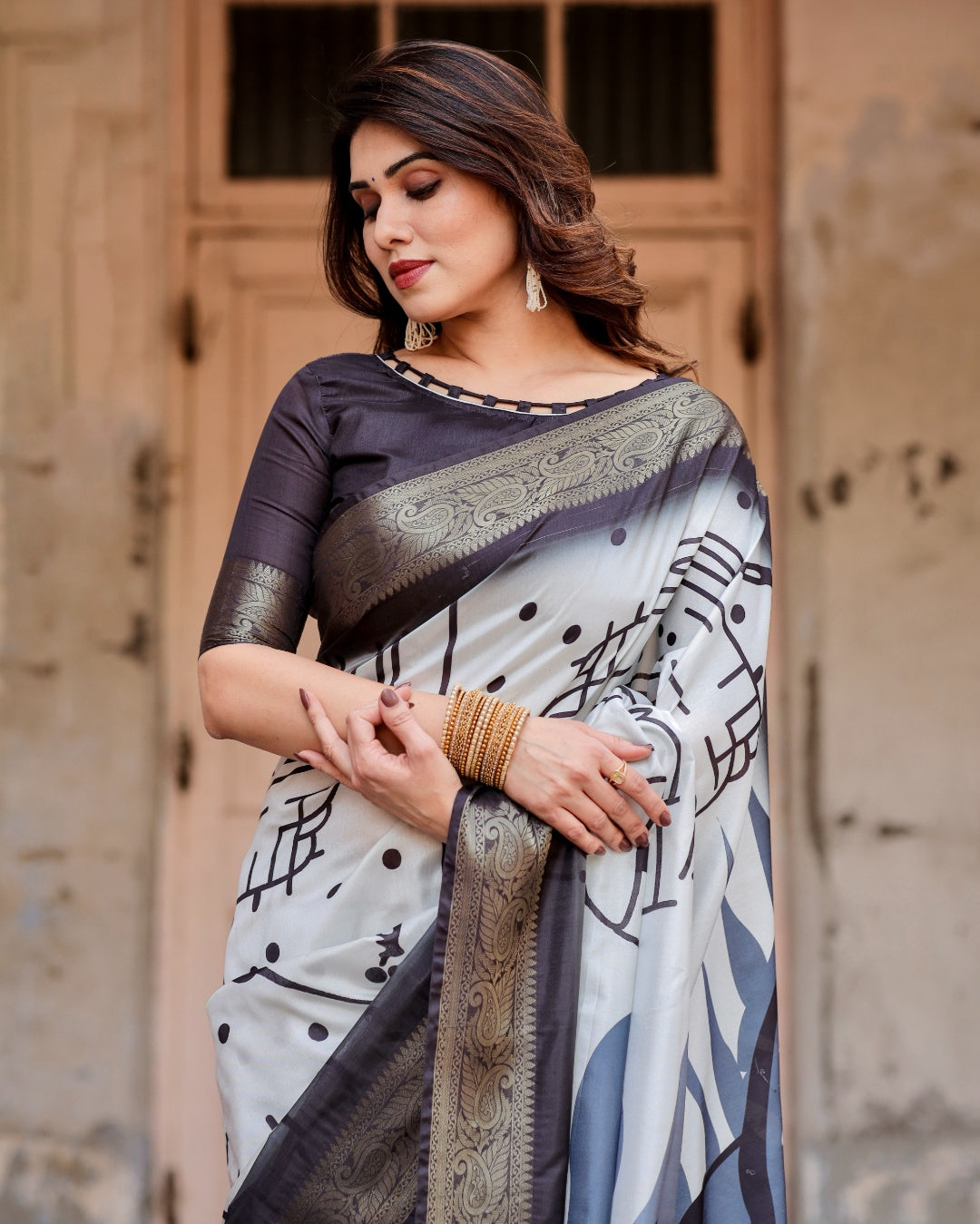 Ivory & Charcoal Black Tussar Silk Saree with Abstract Artistic Print, Zari Border & Tassels