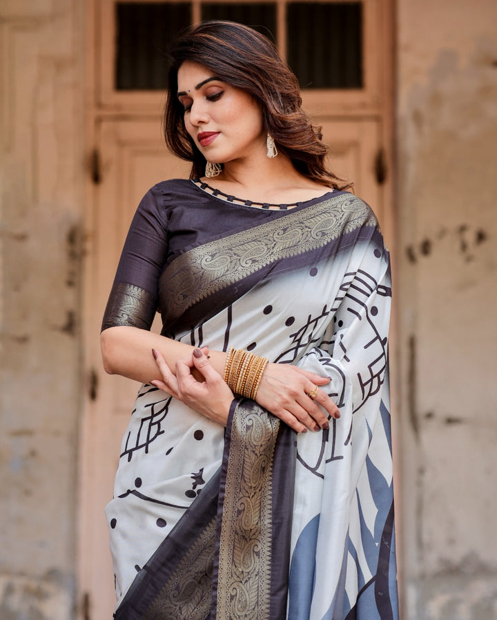 Ivory & Charcoal Black Tussar Silk Saree with Abstract Artistic Print, Zari Border & Tassels