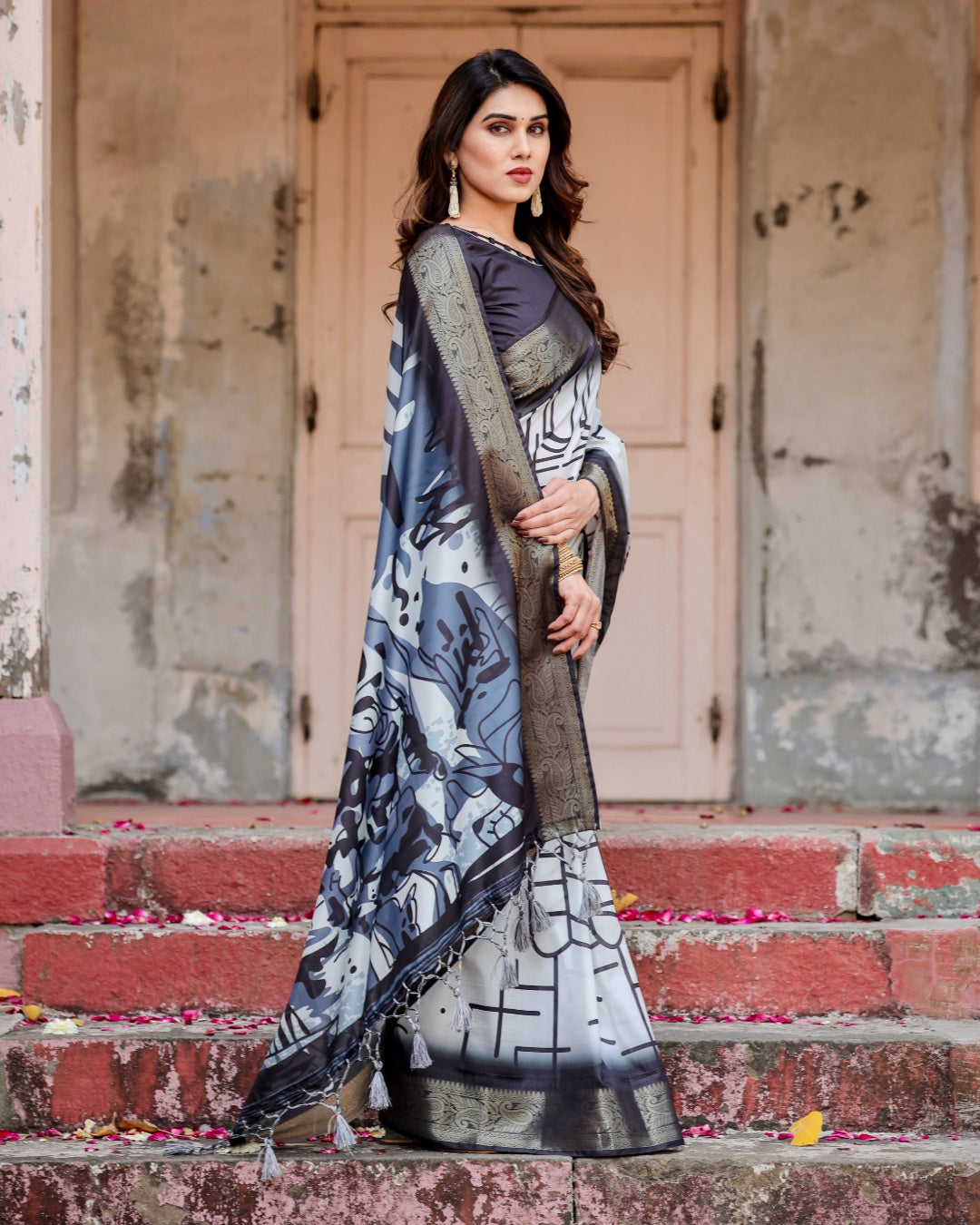 Ivory & Charcoal Black Tussar Silk Saree with Abstract Artistic Print, Zari Border & Tassels
