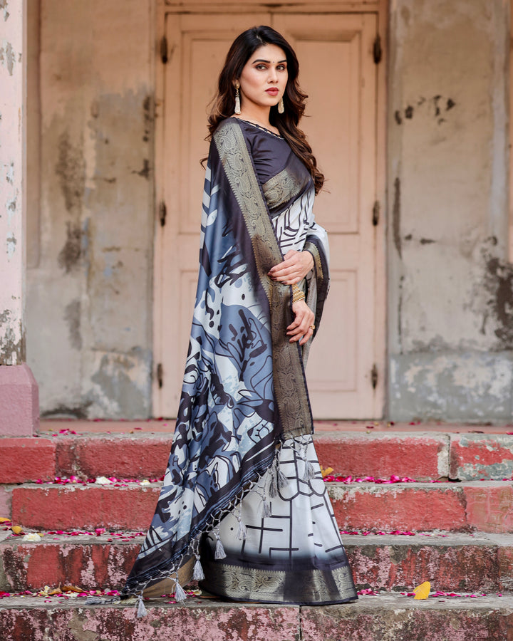 Ivory & Charcoal Black Tussar Silk Saree with Abstract Artistic Print, Zari Border & Tassels