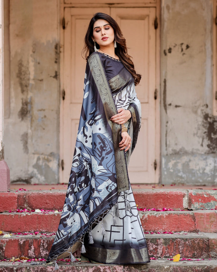 Ivory & Charcoal Black Tussar Silk Saree with Abstract Artistic Print, Zari Border & Tassels
