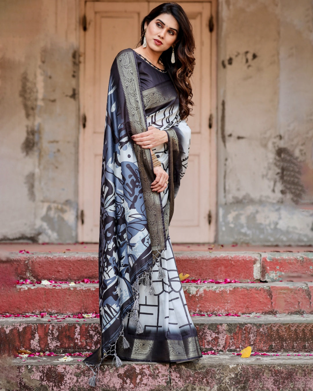 Ivory & Charcoal Black Tussar Silk Saree with Abstract Artistic Print, Zari Border & Tassels