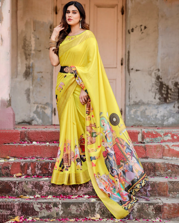 Lemon Yellow Tussar Silk Saree with Rajasthani Royal Procession Print, Zari Border & Tassels