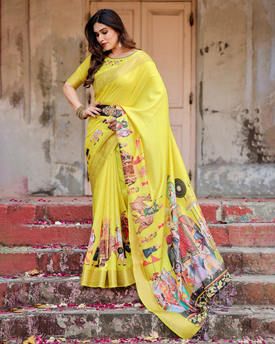 Lemon Yellow Tussar Silk Saree with Rajasthani Royal Procession Print, Zari Border & Tassels