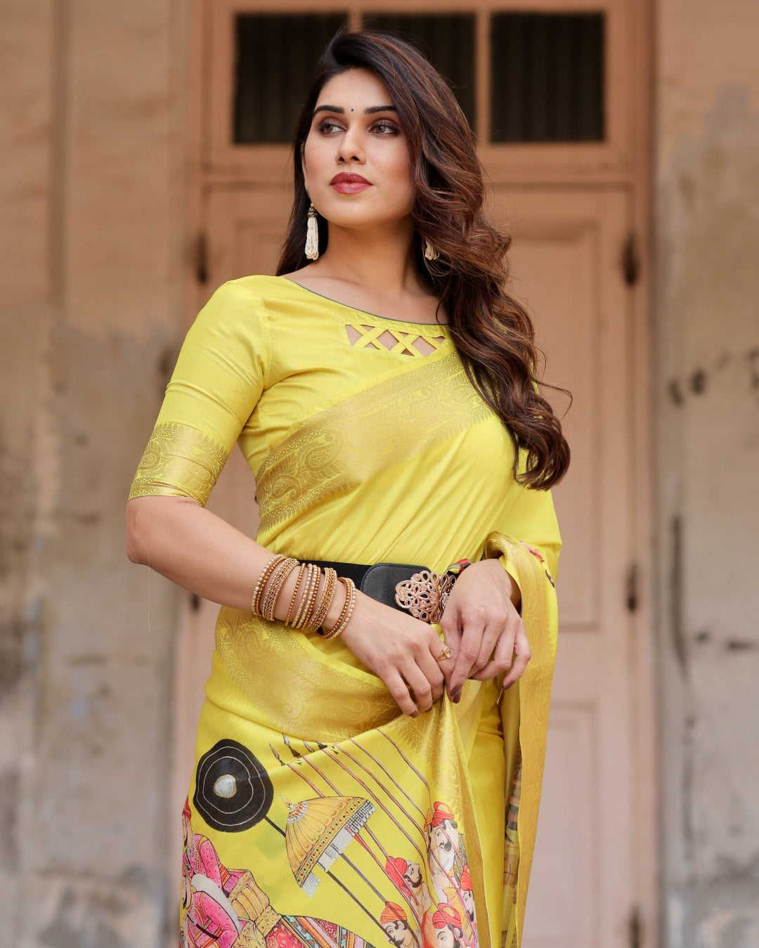 Lemon Yellow Tussar Silk Saree with Rajasthani Royal Procession Print, Zari Border & Tassels