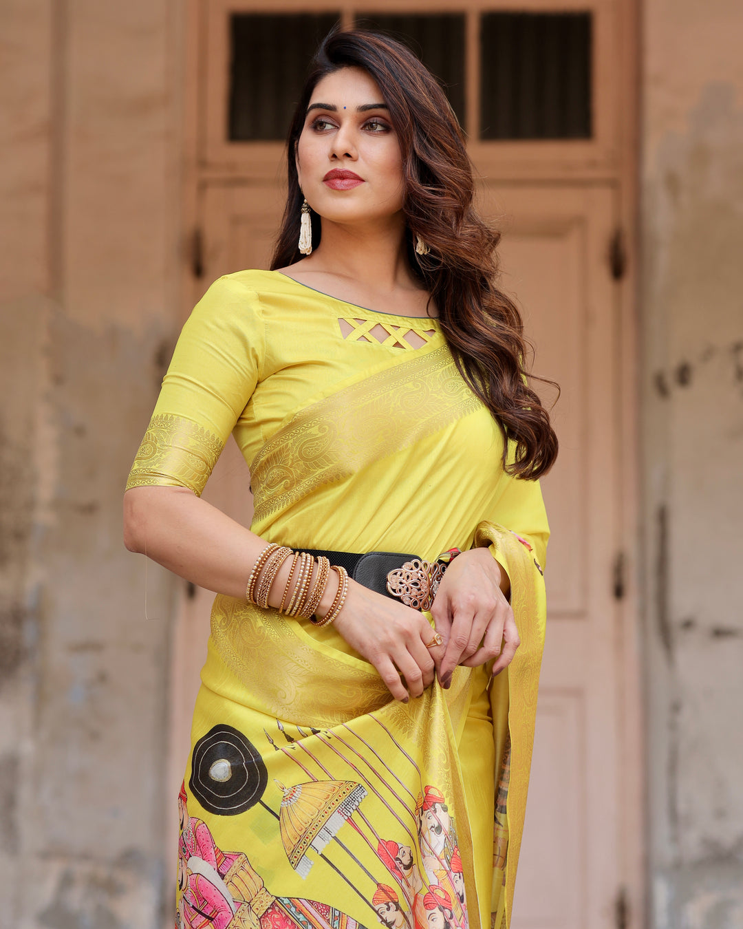 Lemon Yellow Tussar Silk Saree with Rajasthani Royal Procession Print, Zari Border & Tassels