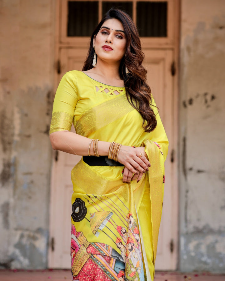 Lemon Yellow Tussar Silk Saree with Rajasthani Royal Procession Print, Zari Border & Tassels