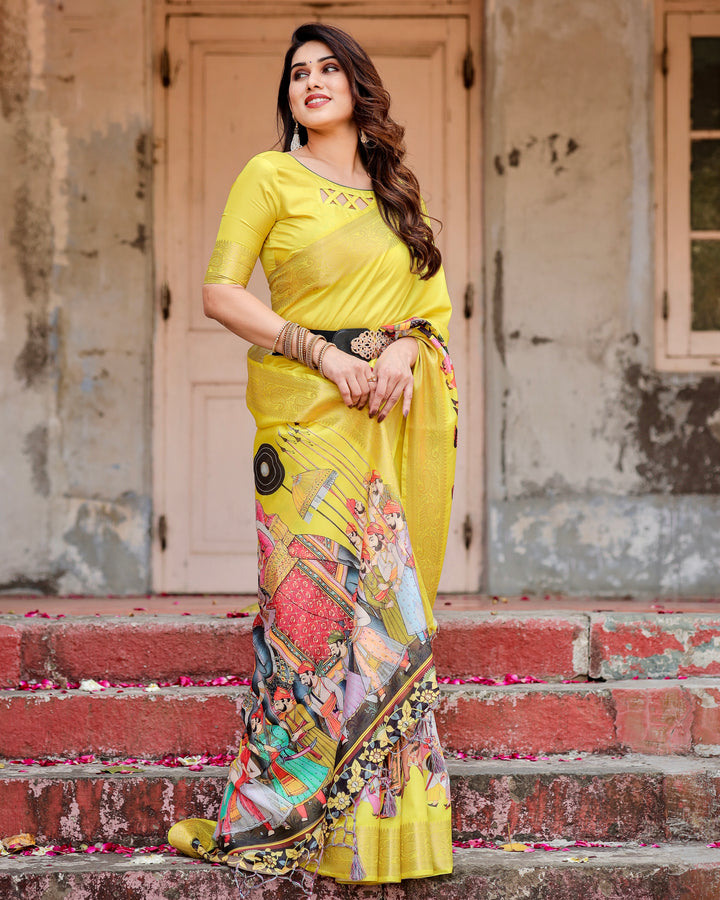 Lemon Yellow Tussar Silk Saree with Rajasthani Royal Procession Print, Zari Border & Tassels