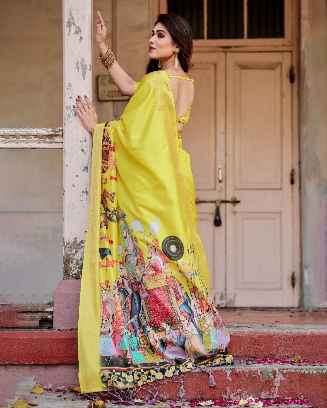 Lemon Yellow Tussar Silk Saree with Rajasthani Royal Procession Print, Zari Border & Tassels