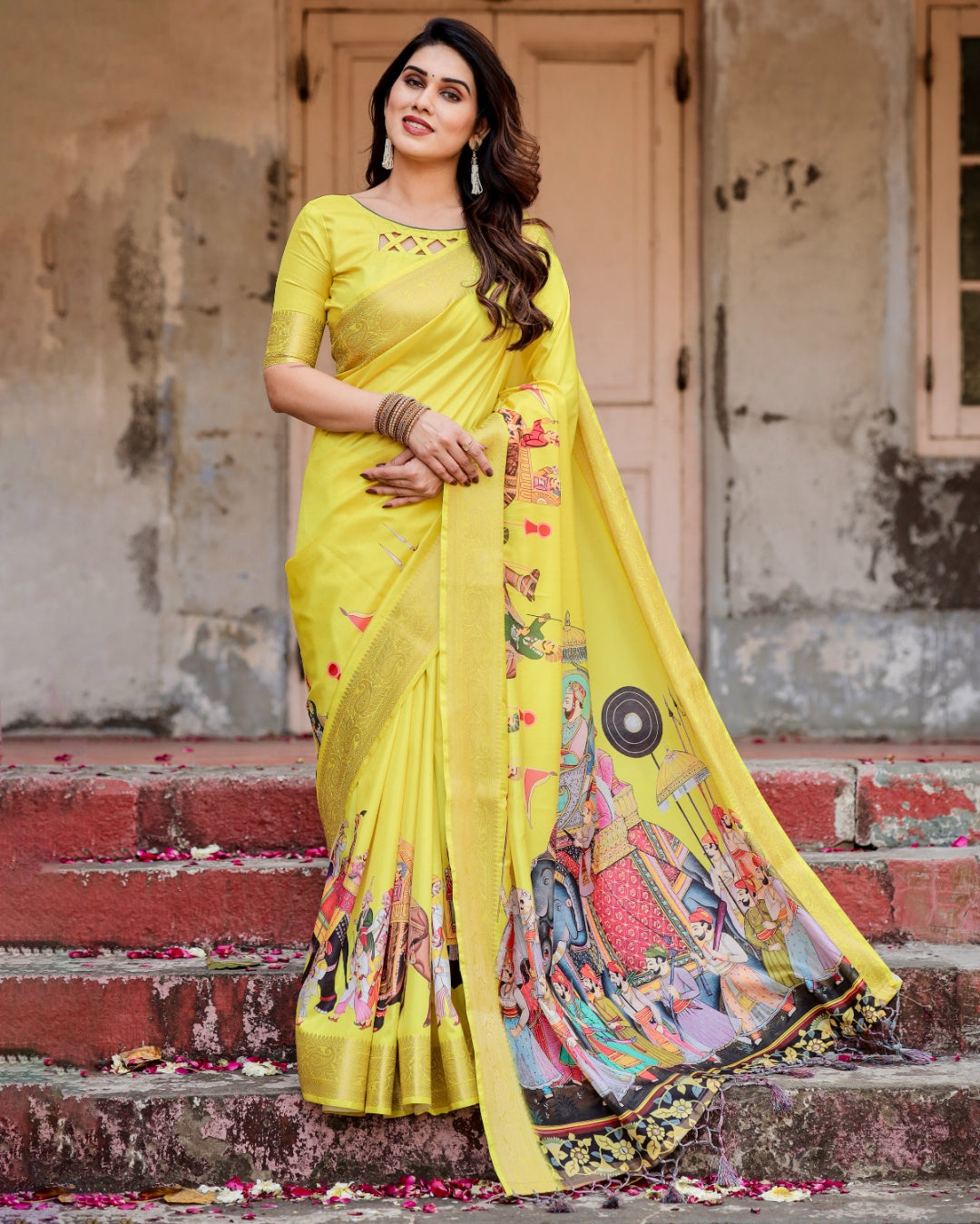 Lemon Yellow Tussar Silk Saree with Rajasthani Royal Procession Print, Zari Border & Tassels